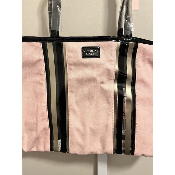 VICTORIA SECRET TOTE BAG SIGNATURE STRIPES PINK/BLACK With Wristlet NEW - Picture 3 of 11